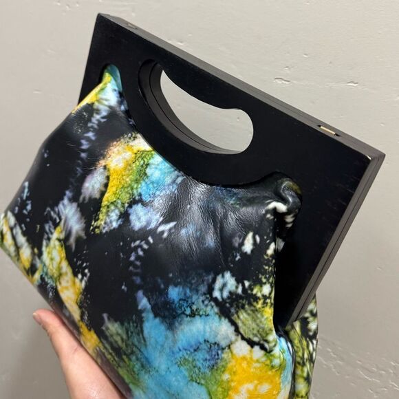 Unique Cowhide Leather Tie-dye Print Handmade Wooden Frame Top Handle Bag - Picture 14 of 16